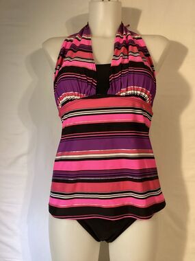 1569 NWT Bikini Bay M/M 74T PPST 3 Way Tankini Black/Pink/Purple Stripe Size 6